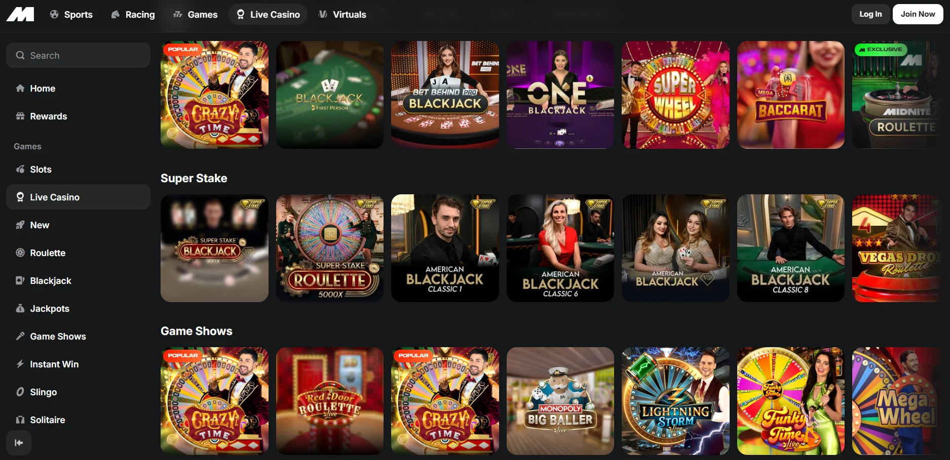 Games, slots and live casino selection Midnite Casino