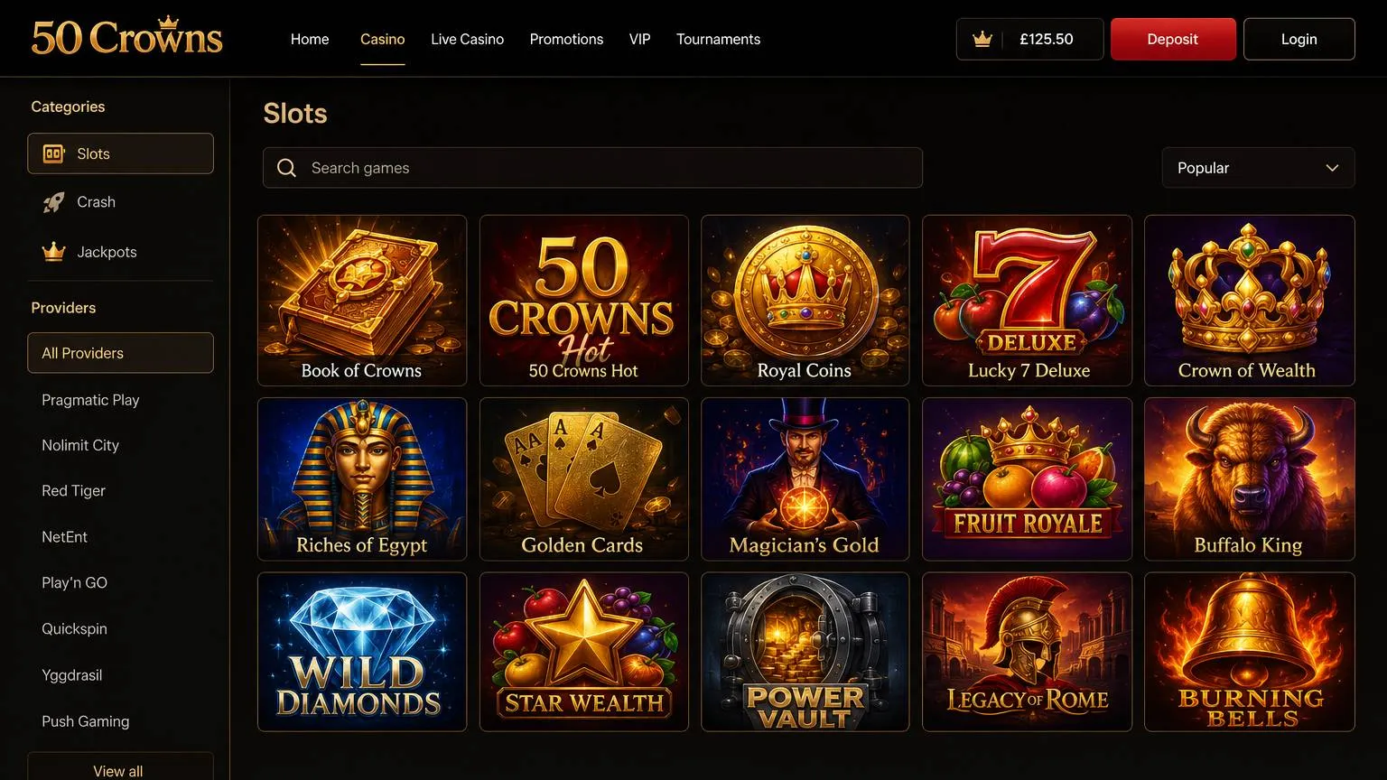 Game selection and 50 Crowns Casino