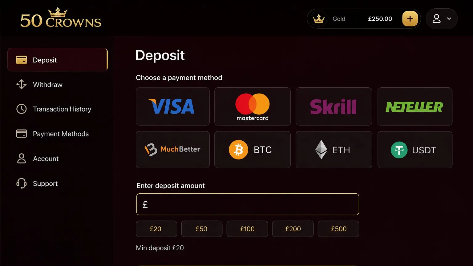 Banking options and 50 Crowns Casino